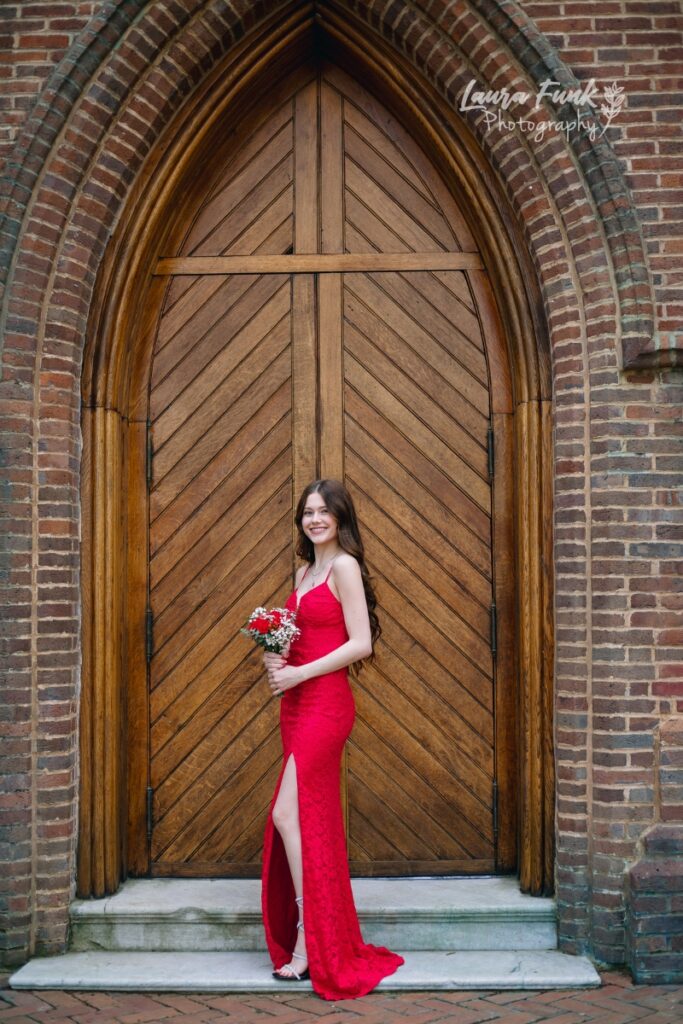 girl in a long red prom dress